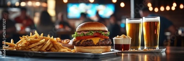 Obraz Juicy Cheeseburger with Crispy Fries and Cold Beer in a Lively Pub Setting