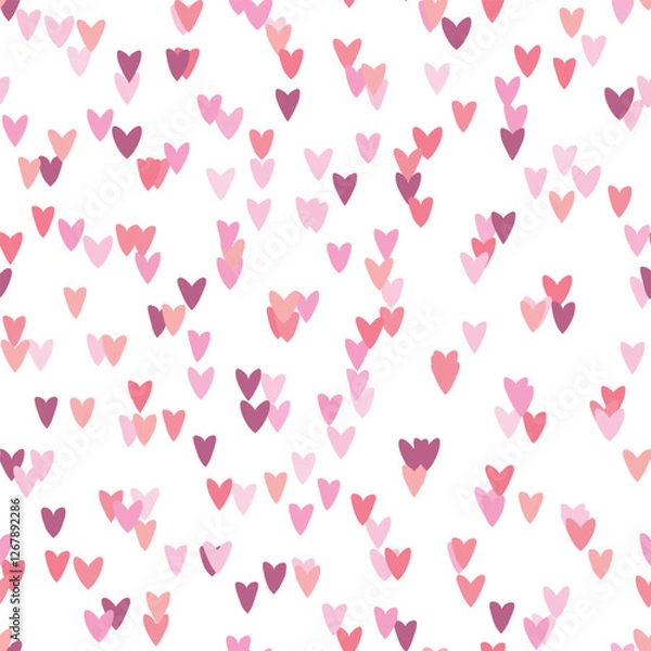 Fototapeta Seamless pattern with pink hearts. Template holiday vector illustration. Design for card, postcard, poster, print, banner. Cartoon colorful hearts on white background.
