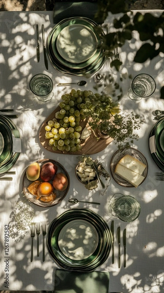 Obraz Table with a green tablecloth and a variety of fruits and vegetables