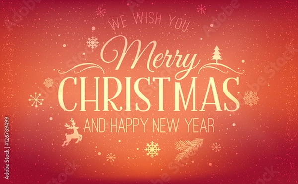 Obraz Christmas And New Year Typographical on shiny Xmas background with snowflakes, light, stars. Vector Illustration. Xmas card