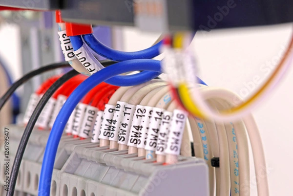 Fototapeta Marking of electrical wires using thermal printing on vinyl tape.