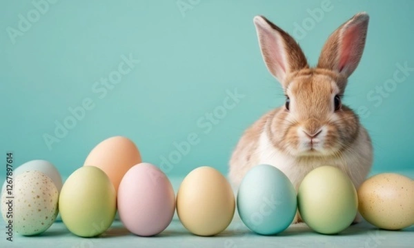 Obraz A cute beige rabbit with big ears sitting in front of pastel-colored eggs, creating a playful Easter scene.