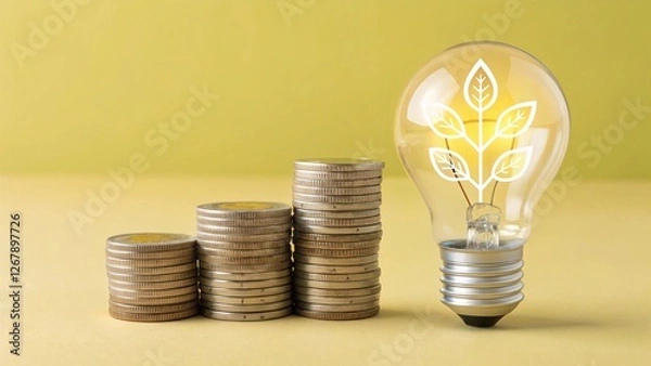 Fototapeta 3D representation of economic sustainability featuring a stack of coins beside a light bulb symbolizing the integration of financial growth and environmental responsibility.