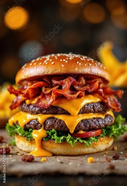 Fototapeta Delicious burger dripping with melted cheddar cheese and crispy bacon