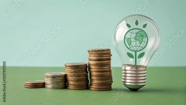 Fototapeta Innovative financial growth visualized by a 3D stack of coins beside a light bulb and globe symbolizing economic sustainability in a global context.