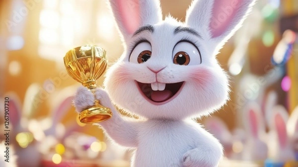 Fototapeta A cartoon rabbit holding a trophy. The rabbit is smiling and he is happy. The trophy is gold and is held in the rabbit's mouth