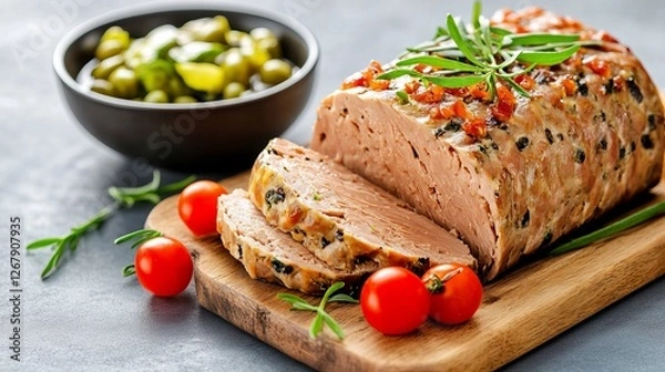 Fototapeta A delicious loaf of meatloaf, sliced and ready to be served, garnished with fresh herbs and cherry tomatoes.