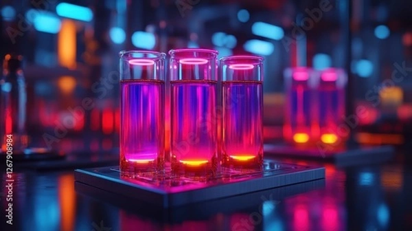 Fototapeta Three glasses of a purple liquid are on a table. The liquid is glowing and the glasses are illuminated. The scene is set in a laboratory or a bar