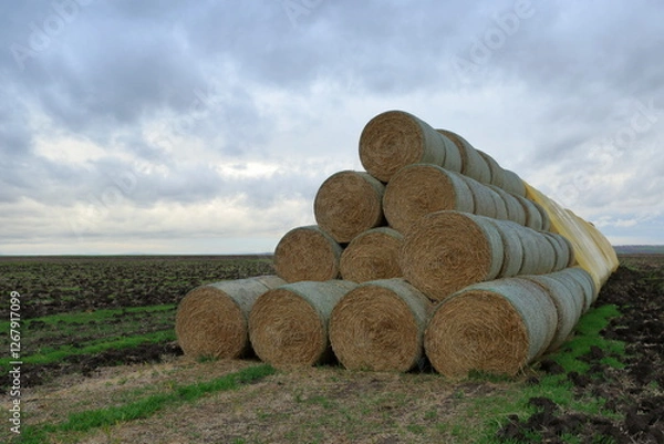 Fototapeta Hay bales stacked in the field. A stack of straw rolled up after harvest ready for transport.