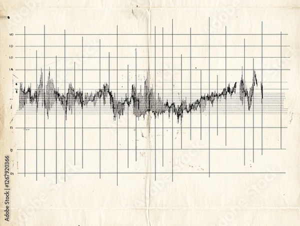 Fototapeta weathered scientific document featuring an old earthquake graph with black waveform signals plotted on faded paper with grid lines

