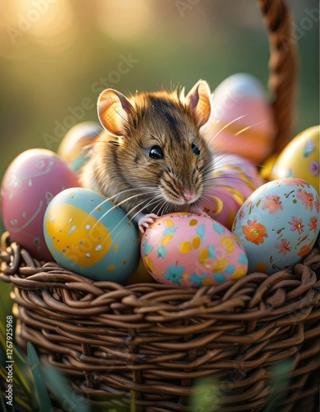 Obraz Easter celebration animal, cute easter rat in an easter basket full of colorful easter eggs, sunny spring time holiday, spring flower meadow, golden hour, easter nest