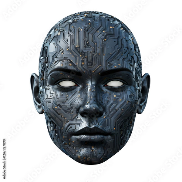 Fototapeta Cybernetic humanoid head with circuit board texture on transparent background. AI
