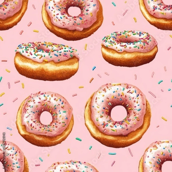 Fototapeta Seamless Pattern - Pink donuts with sprinkles on pink background