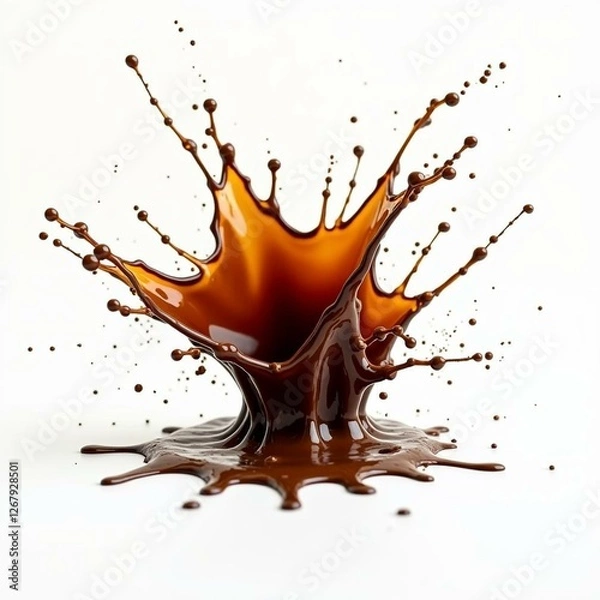Fototapeta Coffee Explosion with Swirling Waves and Splattered Drops, Isolated on White