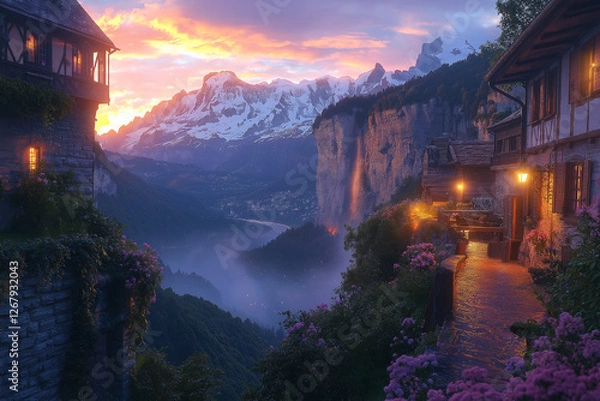 Obraz Enchanted Sunset Village in the Swiss Alps