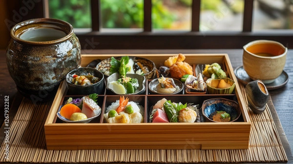Fototapeta A beautifully arranged traditional Japanese kaiseki meal served in elegant wooden bento boxes, featuring a variety of small dishes with fresh sashimi, tempura, simmered vegetables, and pickles