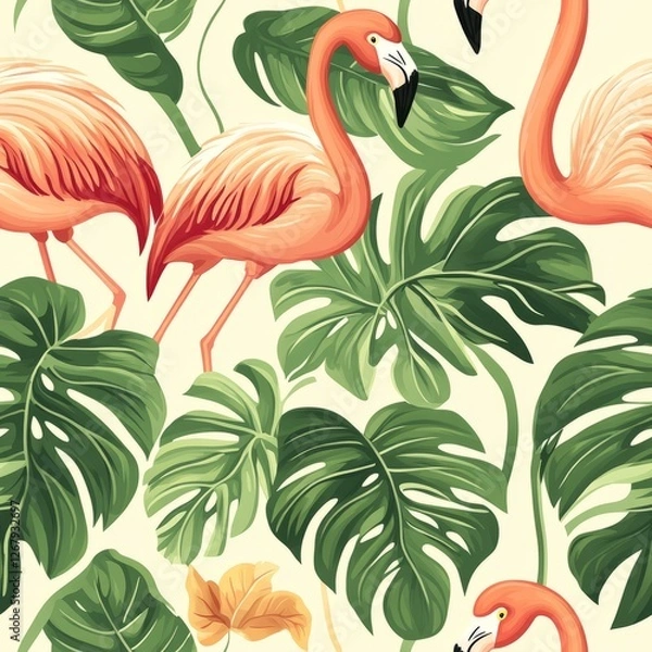 Fototapeta Seamless Pattern - Pink flamingos amidst lush tropical leaves.