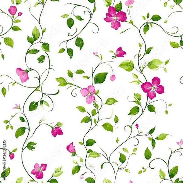 Fototapeta Seamless Pattern - Elegant floral pattern with pink flowers and green vines.
