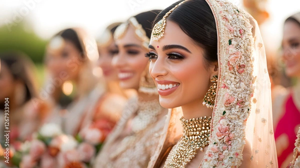 Obraz Bride and bridesmaids adorned in traditional dresses, jewelry, and veils at an outdoor celebration, smiling in soft natural light. 
