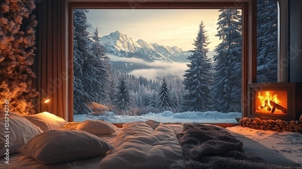 Fototapeta warm and inviting bedroom with a burning fireplace, snowy forest view through large windows, rustic wood interior, and soft lighting for a cozy winter escape