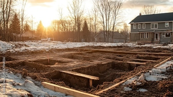 Obraz New home foundation being laid on a winter morning with golden sunlight illuminating the site