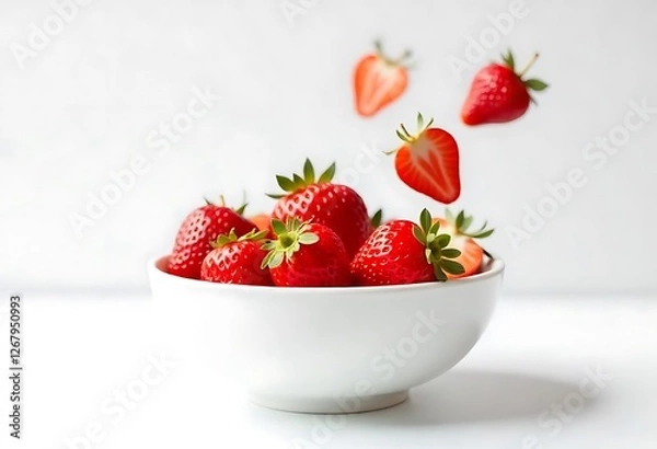 Fototapeta Fresh strawberries in a white ceramic bowl against a white  background
