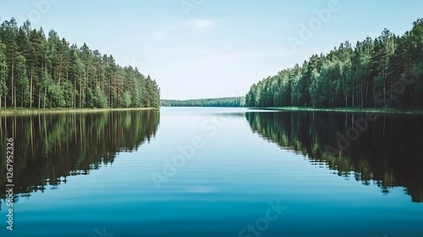 Obraz Serene lake mirroring lush green forest trees