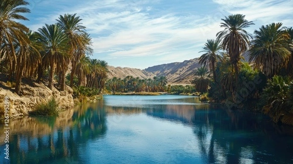 Fototapeta National Geographic A desert oasis with a calm blue lake surrounded by palm trees.