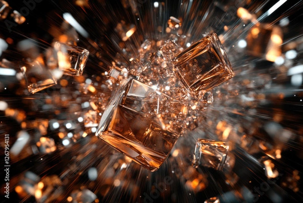 Fototapeta Amber glass cubes explode in a burst of light and motion, creating a dynamic and energetic visual.