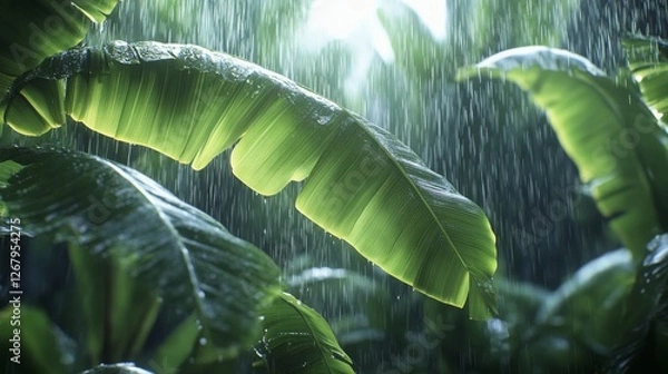 Fototapeta Rainwater dripping from vibrant green leaves in a dense tropical forest on a misty day