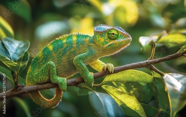 Fototapeta National Geographic Camouflaged Chameleon gripping a leafy branch, its skin shifting through vibrant shades of green and yellow