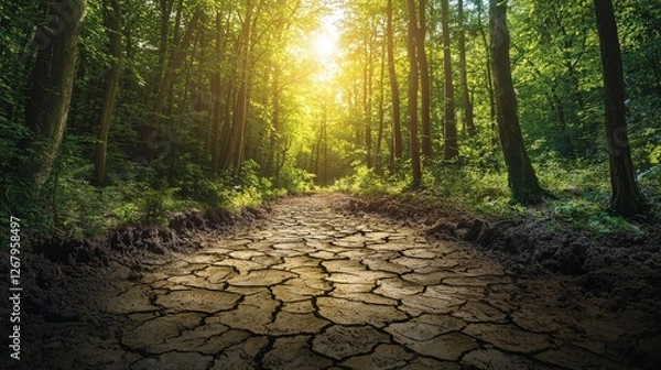 Fototapeta A striking view of a sunlit forest path highlighting dry, cracked ground, symbolizing the contrast between lush greenery and drought conditions in nature.