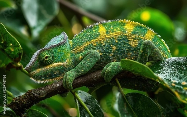 Fototapeta National Geographic Camouflaged Chameleon gripping a leafy branch, its skin shifting through vibrant shades of green and yellow