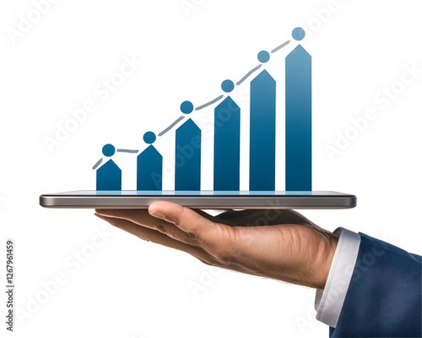 Fototapeta A businessperson's hand holding a tablet displaying financial growth charts and steady progress.