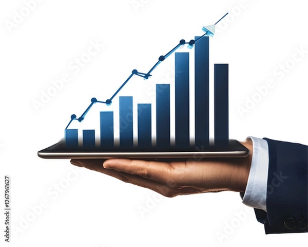 Fototapeta A businessperson's hand holding a tablet displaying financial growth charts and steady progress.