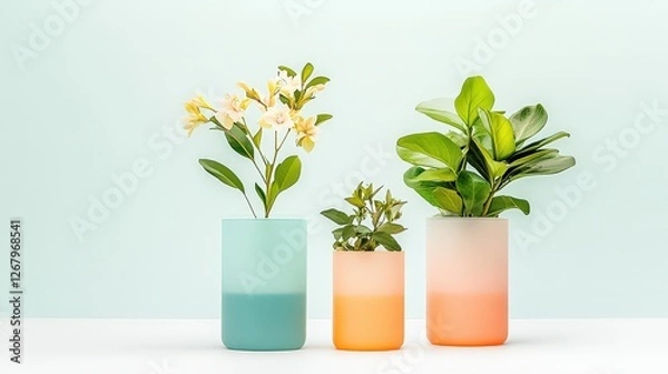 Obraz Elegant Plant Pots in Soft Pastels with Lush Greenery and Delicate Blooms