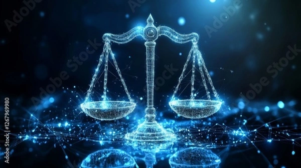 Fototapeta Digital scales of justice on a digital background with blue lights and a holographic effect. 