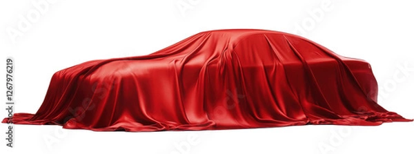 Fototapeta Luxury car under red fabric, cloth cover isolated for presentation, gift reveal at exhibition, surprise moment with silk draping on transparent background