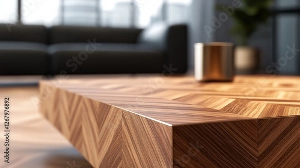 Fototapeta closeup of a wooden coffee table in a modern living room