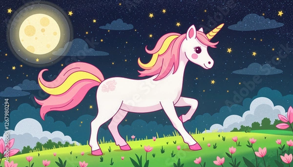 Fototapeta Majestic unicorn walking through meadow under starry sky, fantasy wonder