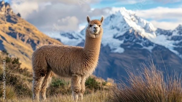 Fototapeta Friendly alpaca standing in a high-altitude meadow, surrounded by the Andes mountains.