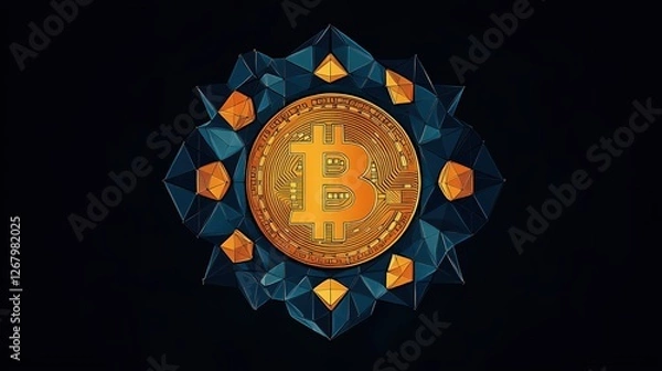 Fototapeta Golden Bitcoin Surrounded By Geometric Shapes In Dark Background