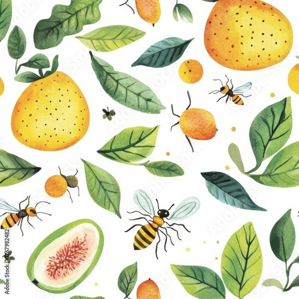 Fototapeta Colorful illustration of citrus fruits, bees, and leaves set against a white background in a vibrant design. Generative AI
