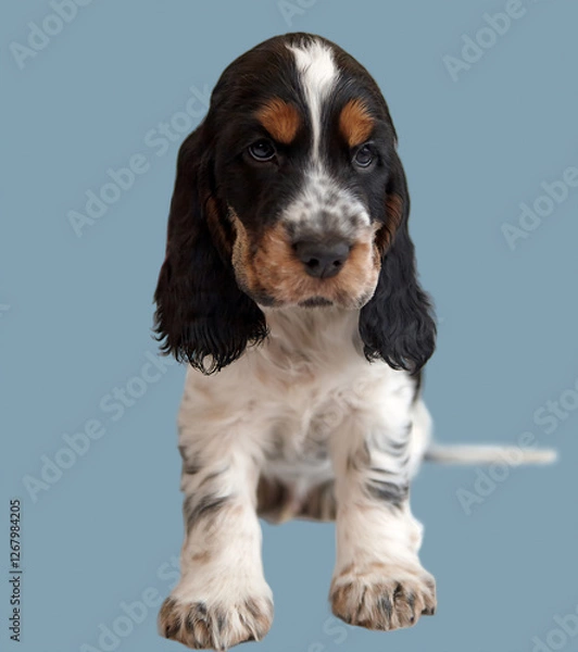 Fototapeta Portrait of a purebred English Cocker Spaniel puppy. Age 2 months. The color of the blue roan and tan. In the background there is a beautiful gradient background.