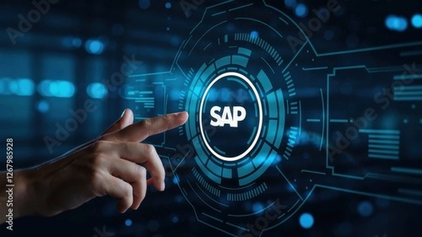Fototapeta Hand interacts with a digital interface featuring sap logo