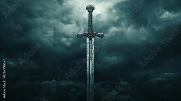 Fototapeta Metal sword on a dark background with clouds. 3d render