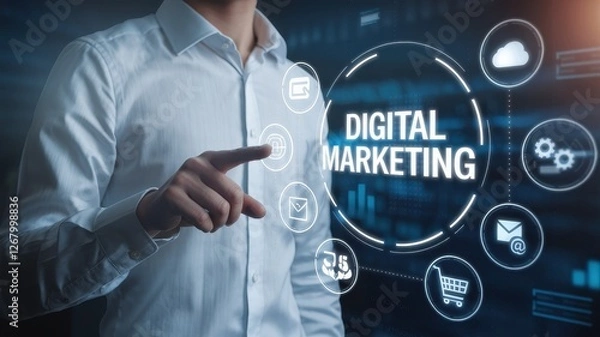 Fototapeta A man points to digital marketing icons on screen