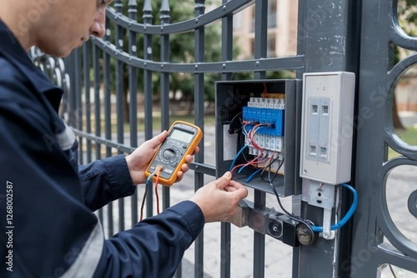 Fototapeta Technician conducts electrical maintenance on gate control system with multimeter in outdoor setting
