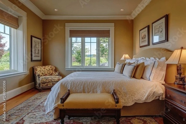Obraz Cozy bedroom with a large window and elegant decor in a sunny location during the day. Generative AI
