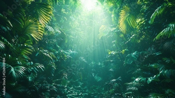 Fototapeta Lush green jungle with sunlight filtering through dense foliage.